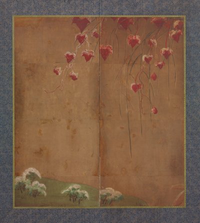 秋のつる、遠くの木々、雪 作： Unbekannt Unbekannt